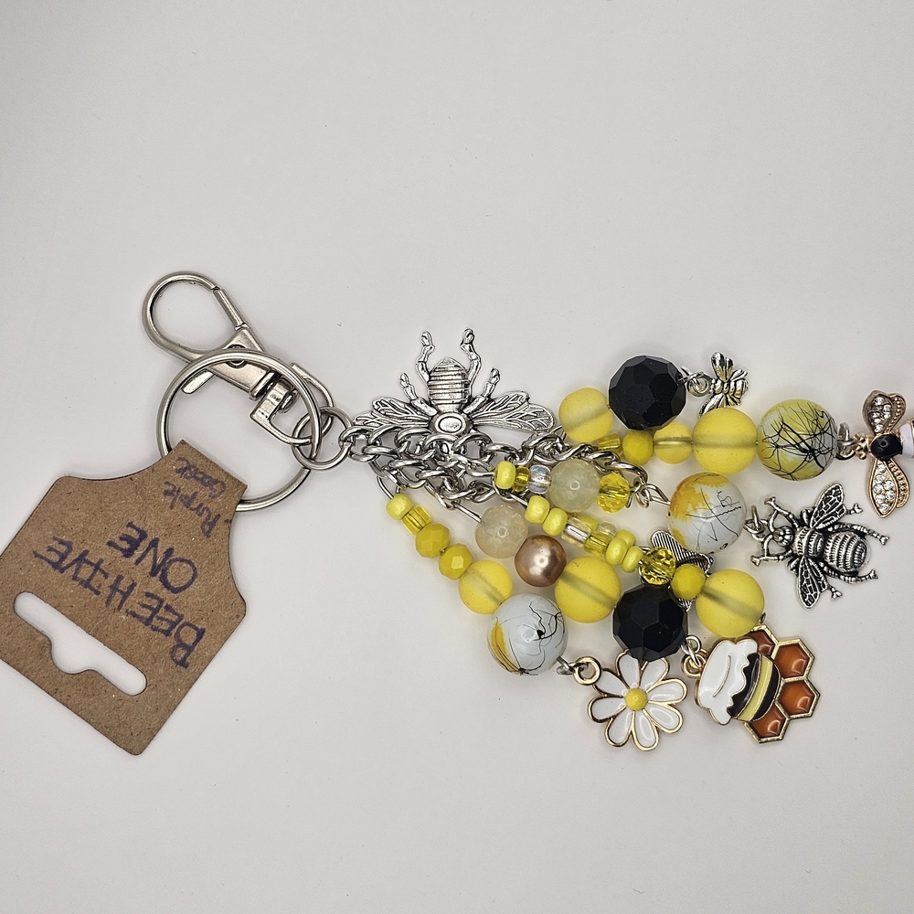 Bee-Themed Keychain with Yellow and Silver Accents